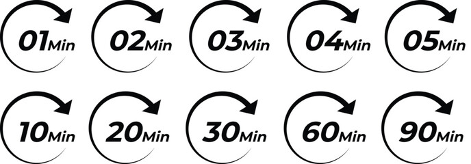 1, 2, 3, 4, 5, 10, 20, 30, 60, 90 min, minutes vector icon set. Vector Illustration