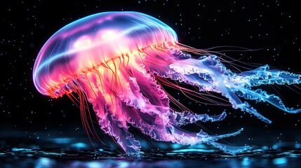 Fototapeta premium Vibrant jellyfish, glowing pink and blue, drifts in dark water