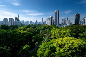 Naklejka premium Cityscape panorama skyscrapers rise above lush green park clear blue sky backdrop