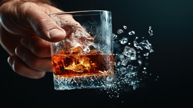A close-up of a hand gripping a glass filled with whiskey and ice, as an ice cube splashes out, creating a dramatic and inviting atmosphere perfect for beverage lovers. - Powered by Adobe