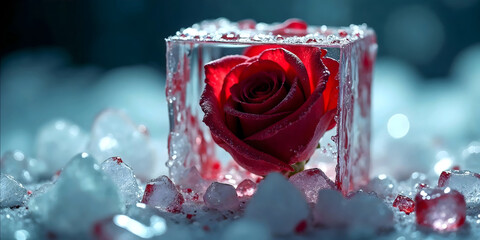 red rose flower in an ice cube wide with blood wide