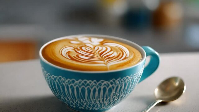 Morning Brew: An inviting close-up shot of a beautifully crafted latte, its creamy surface adorned with intricate art. a ceramic cup and delicate spoon add to the serene aesthetic.