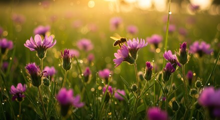 Fototapeta premium Golden Hour Meadow Bee on Purple Flowers, Nature's Beauty