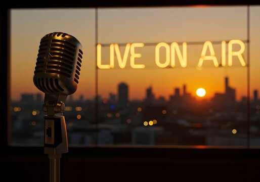 Retro microphone sunset cityscape backdrop Live On Air broadcasting radio studio podcast