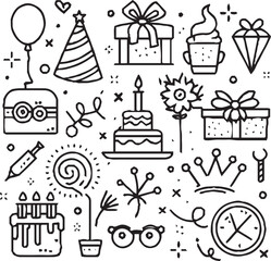 A festive line art illustration featuring birthday-themed icons such as a cake, balloons, gifts, party hats, champagne glasses, fireworks, and decorations, all arranged in a circular layout.