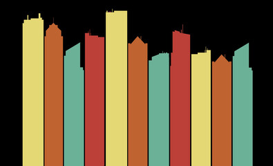 A city skyline with skyscrapers is seen in a colorful graphic image.