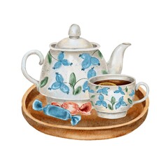 Watercolor illustration of a ceramic teapot and cup with blue floral pattern, placed on a wooden tray with wrapped candies. Perfect for tea packaging, menus, postcards, decor and holiday designs