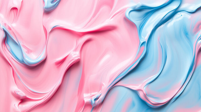 With copy space and a fluid composition, the blend of abstract pastel pink color paint and pastel blue background evokes a sense of minimal natural luxury.

