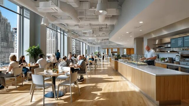 Modern Office Cafeteria: Sunlight streams into a bright, spacious office cafeteria, where employees enjoy their break, creating a vibrant and collaborative atmosphere. 