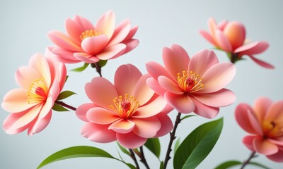 Delicate pink flowers against soft background with green leaves