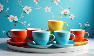 Colorful ceramic cups on a rotating tray with floral background