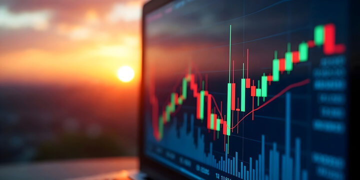 stock market chart trade candles laptop background in sunset 