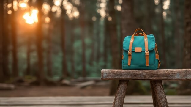 A stylish backpack rests on a wooden table amidst a serene forest setting, evoking feelings of adventure, exploration, and tranquility in nature's embrace.