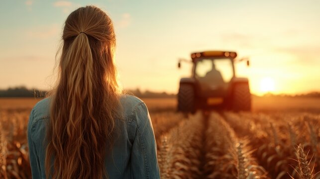 A woman stands with her back to the camera, gazing at a tractor in a golden sunset field, symbolizing the connection between agriculture, tradition, and rural life.