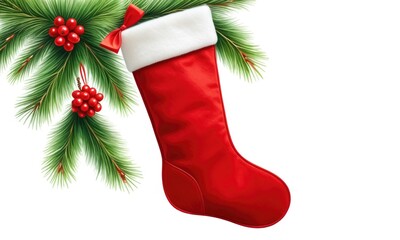 Festive red christmas stocking hanging on pine branch with red berries