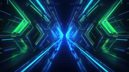 Futuristic tunnel with glowing neon lines