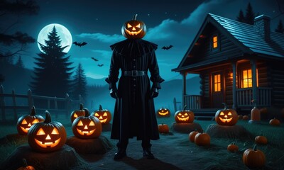 Spooky pumpkin headed figure in moonlit night with carved pumpkins and haunted house