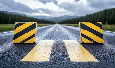 A long open road with a warning sign block ahead