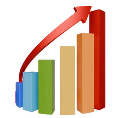 A vibrant 3D bar graph displays ascending growth, depicted by a large red arrow curving upwards, symbolizing positive progress and upward trajectory.  The bars are multicolored
