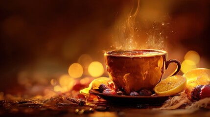 Steaming coffee with glowing anti-aging particles, fresh fruits backdrop, symbolizing longevity science and wellness.