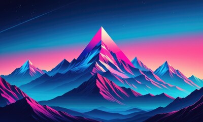 Vibrant neon mountain peaks at dusk in a surreal landscape