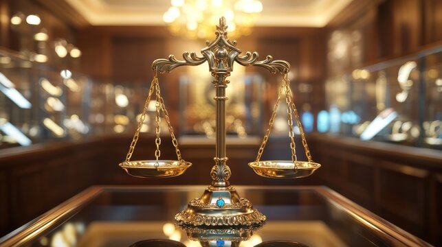 Ornate gold scales of justice on a display case