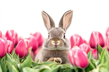 Obraz premium Spring s gentle visitor A bunny among pink tulips Soft front facing portrait on white background. Generative Ai
