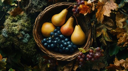 A woven basket contains pears and grapes among autumn foliage