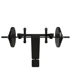 A black weightlifting bench press with a barbell loaded with weight plates, presented in a front view against a black background. The bench is sturdy and appears suitable for heavy-duty use