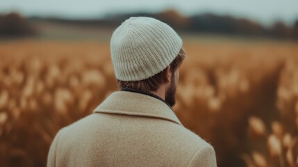 A man wearing a knitted hat gazes out over a golden field, capturing a moment of reflection and connection to nature in a serene autumn landscape.