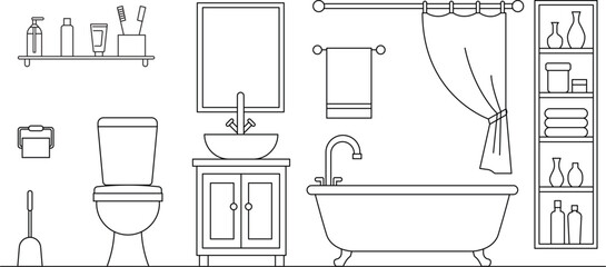 Bathroom floor plan, Restroom furniture arrangement, interior design, line art, customizable stroke, vector, illustration