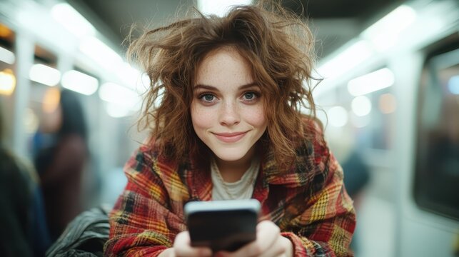 A cheerful young woman with curly hair poses on a subway train, holding her smartphone and radiating positivity, symbolizing the modern urban lifestyle and connectedness.