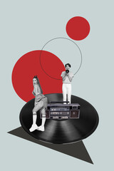 Banner 3d image pop vertical collage of two happy girl guy dance boombox player vinyl disk...