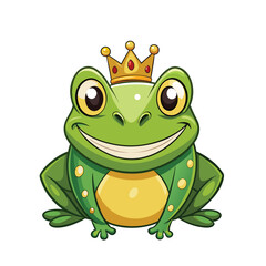 Adorable Smiling Green Cartoon Frog Prince with Golden Crown, Isolated Humorous Character Illustration