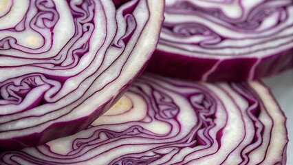 Fototapeta premium Close-up of sliced red cabbage showing intricate purple and white patterns