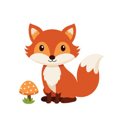 Cute Cartoon Fox Sitting Happily with Mushroom - Woodland Animal Illustration for Children
