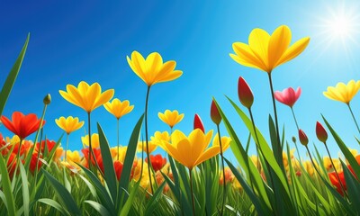 Vibrant yellow and red tulips blooming under a bright blue sky in spring sunshine