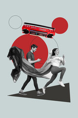 Vertical banner sketch 3d collage of happy girl guy dance retro boombox player celebration occasion...