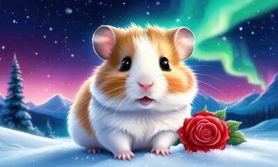 Adorable hamster with rose under northern lights in snowy landscape