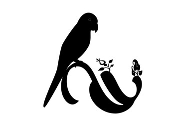 Black vector silhouette of parakeet bird sitting on a curved tropical leaf isolated on white