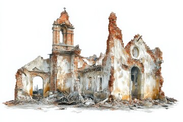 Crumbling history An old church stands as a ruin with intricate brick details on white background. Generative Ai