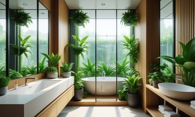 Luxurious modern bathroom with indoor plants and natural light