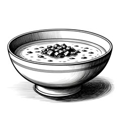 Black and white sketch of a soup bowl with croutons in elegant line art style