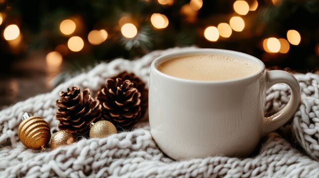 A warm coffee mug sits cozily among pine cones and festive decorations, creating a comforting and inviting atmosphere perfect for the holiday season.