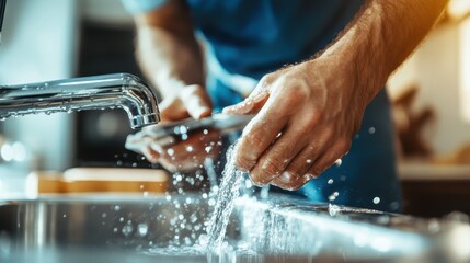 A close-up of hands washing dishes in a sleek kitchen sink, illustrating the themes of cleanliness, daily life, and the importance of home chores in nurturing routines.