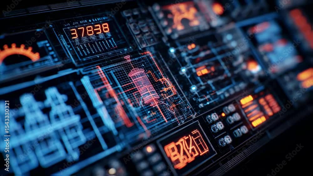 Poster futuristic control panel displaying complex schematics, data visualizations, and real time analysis,