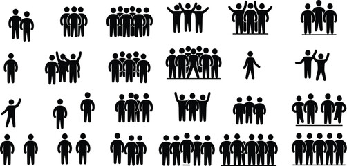 Minimalist Black and White Stick Figure Icons Depicting Various Social Interactions and Group Dynamics