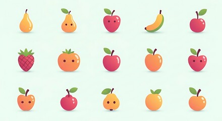 Cute Fruit Characters A Collection of Adorable Apple, Banana, Pear, and Strawberry Illustrations