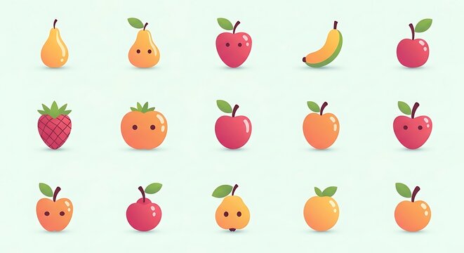 Cute Fruit Characters A Collection of Adorable Apple, Banana, Pear, and Strawberry Illustrations