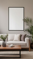 Minimalist Living Room Interior Design: Neutral Tones, Modern Sofa, and Blank Canvas Artwork